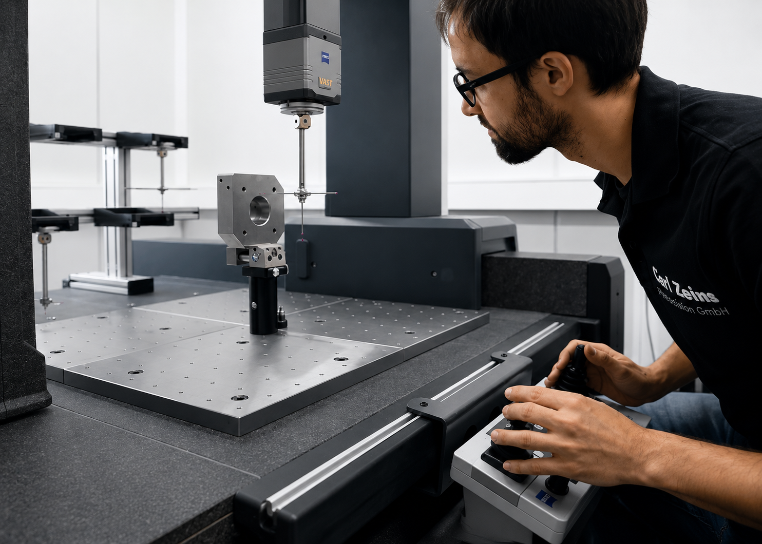 Engineer measuring a precision component with a digital caliper